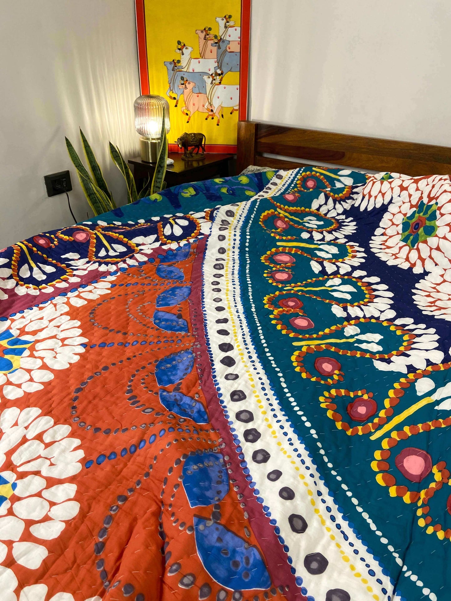 Handpainted Print Florals Organic Mul Cotton Reversible Double Bed Quilt - Nakhrro