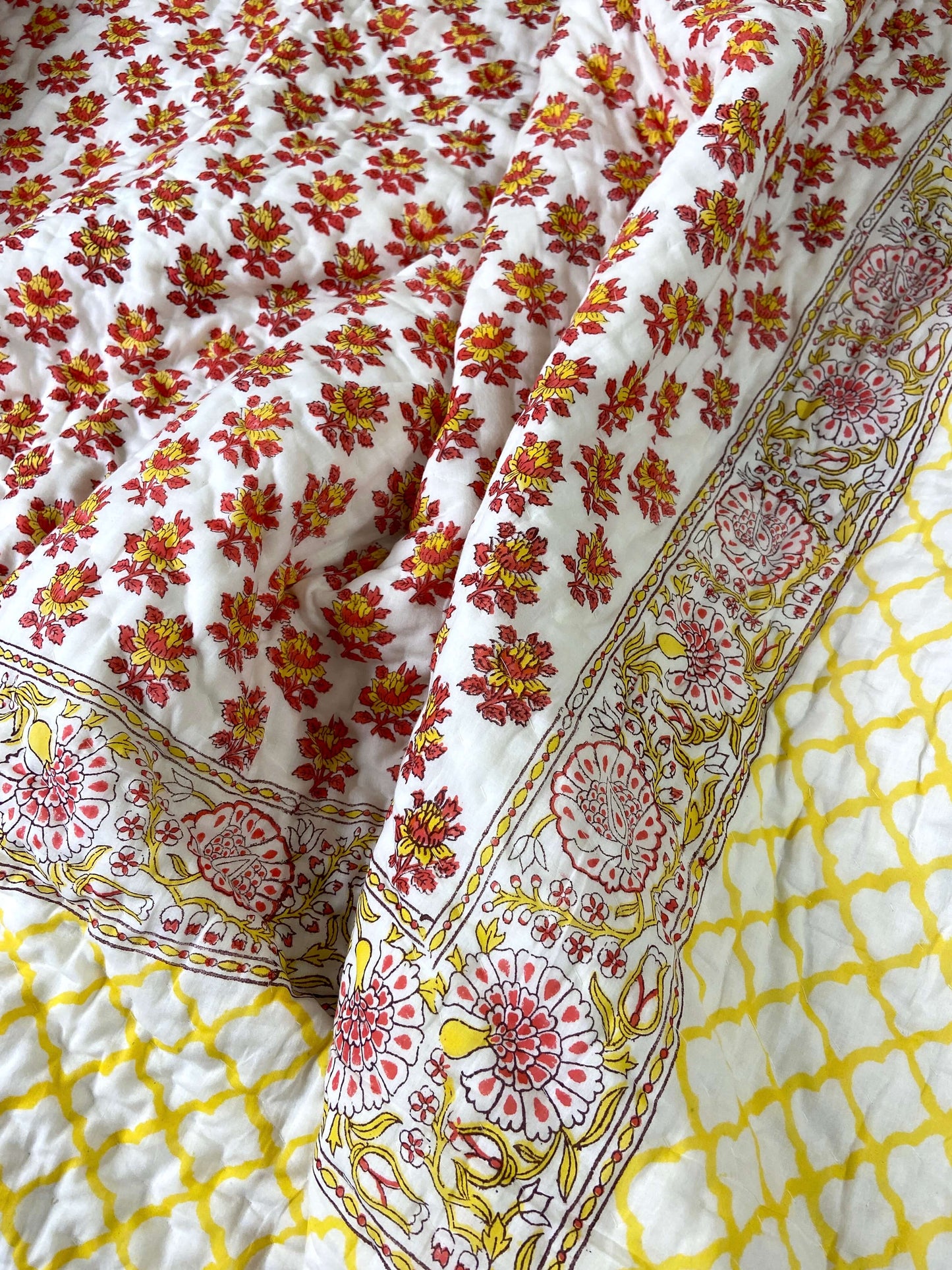 Red Yellow Floral Motifs Organic Mul Cotton Reversible Double Bed Quilt - Nakhrro