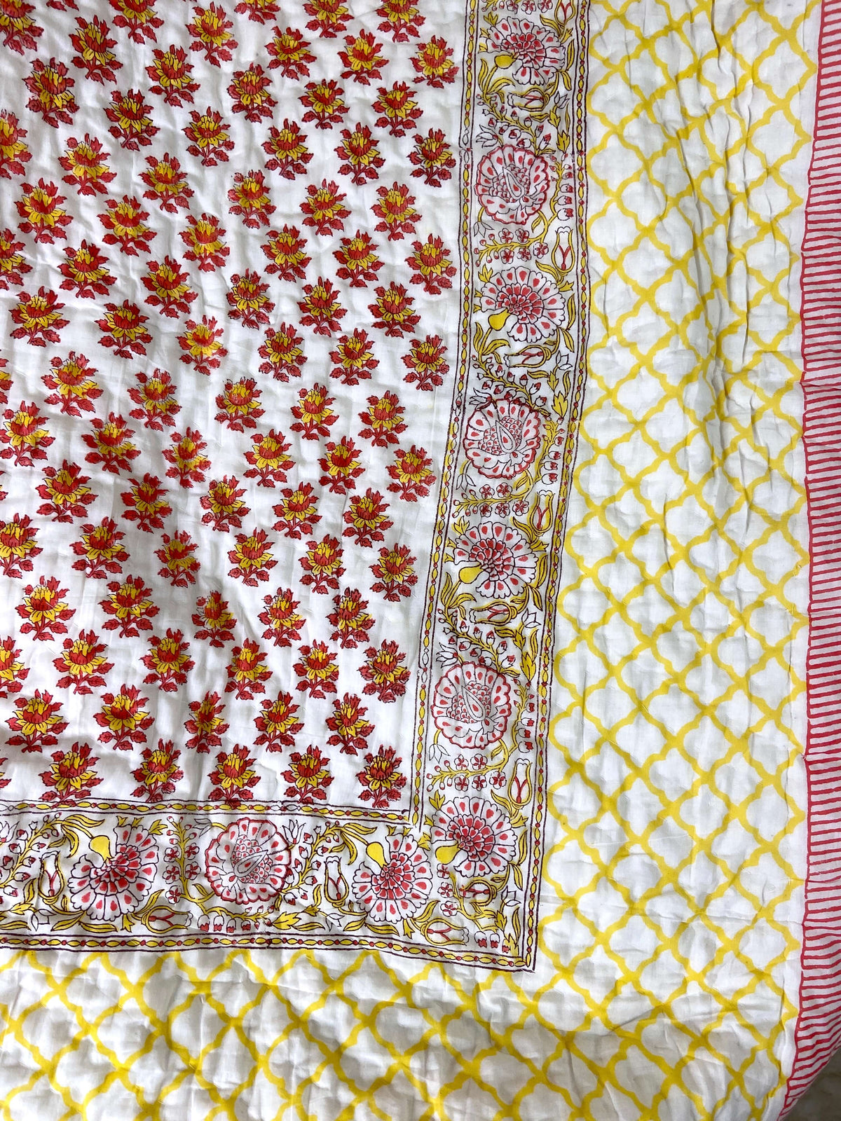 Red Yellow Floral Motifs Organic Mul Cotton Reversible Double Bed Quilt - Nakhrro