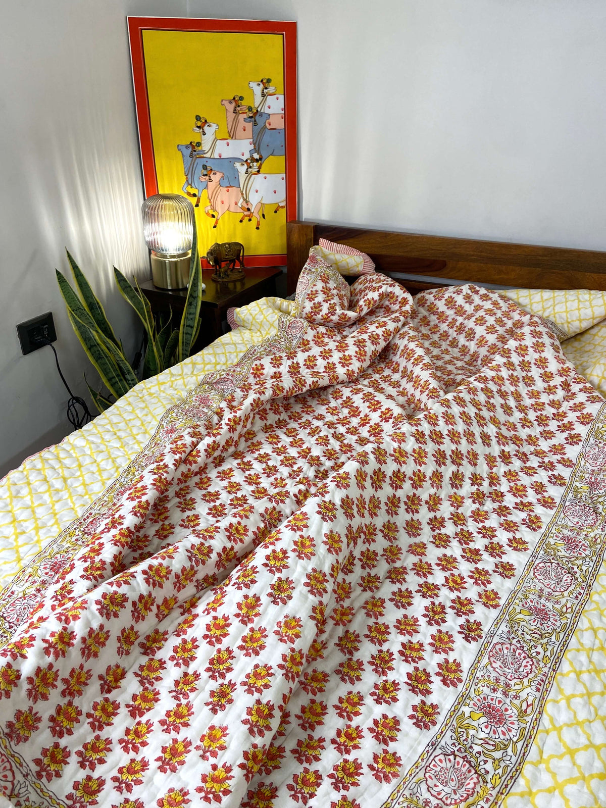 Red Yellow Floral Motifs Organic Mul Cotton Reversible Double Bed Quilt - Nakhrro