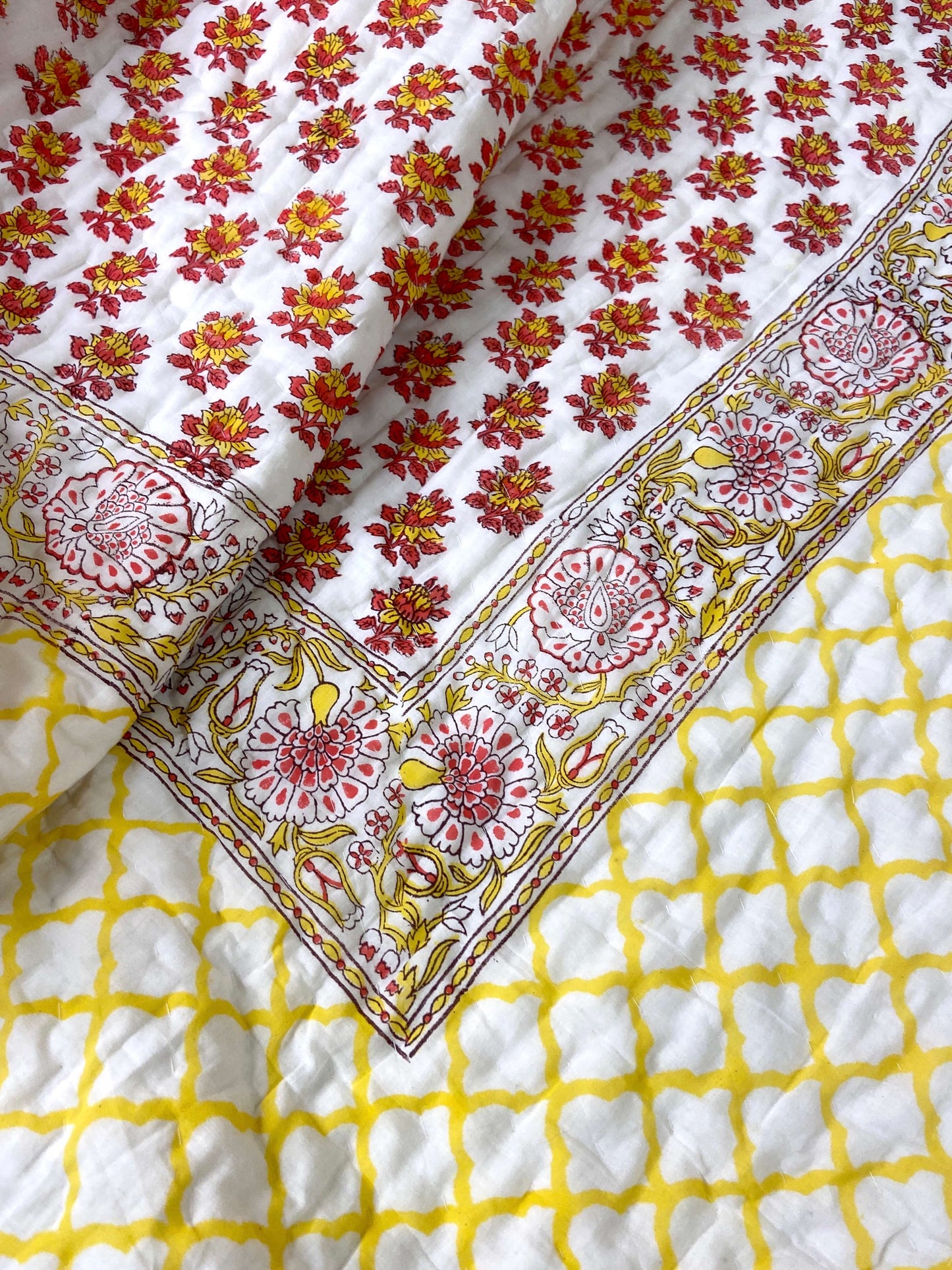 Red Yellow Floral Motifs Organic Mul Cotton Reversible Double Bed Quilt - Nakhrro