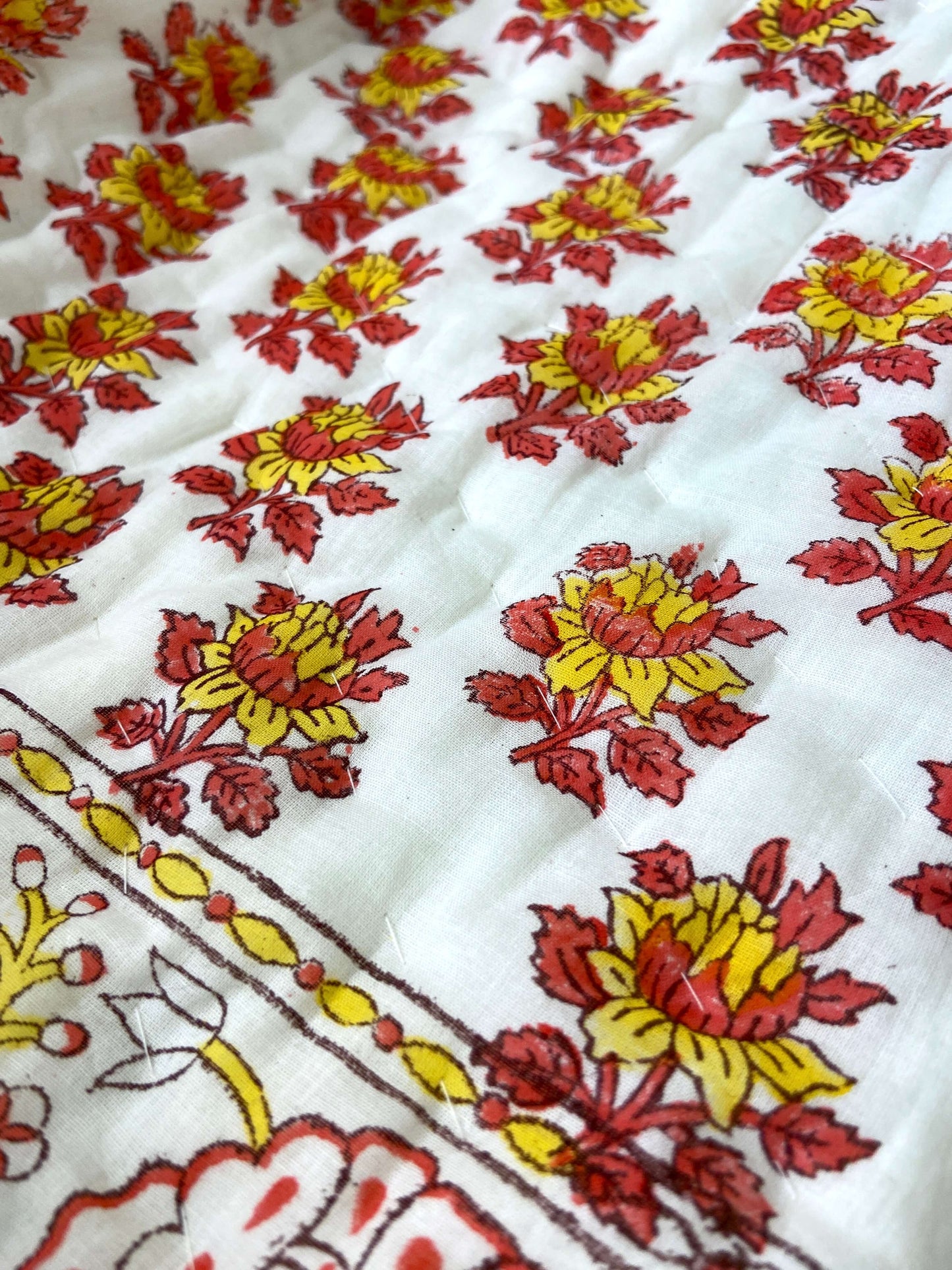 Red Yellow Floral Motifs Organic Mul Cotton Reversible Double Bed Quilt - Nakhrro