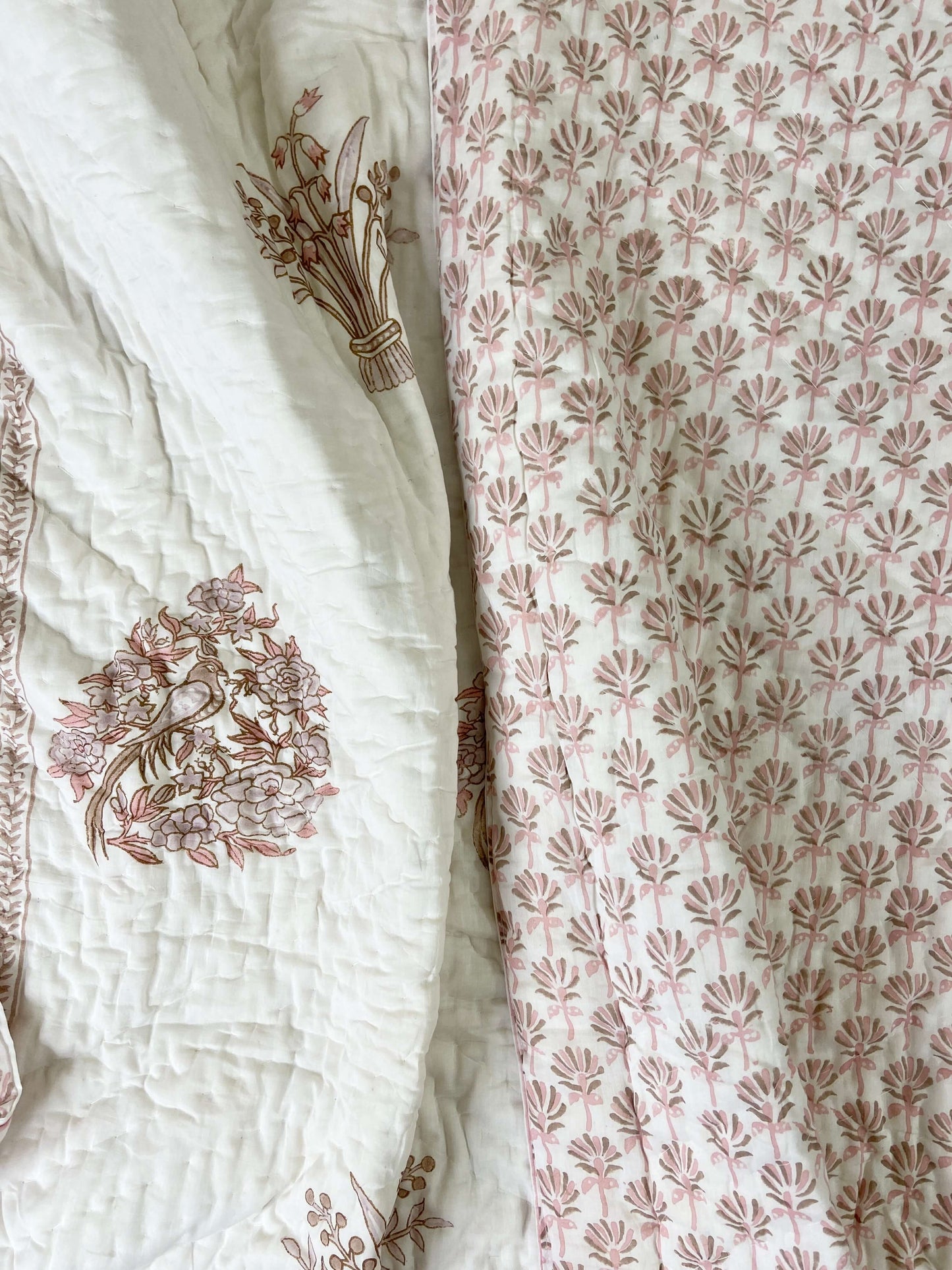 Pastel Birds Print Organic Mul Cotton Reversible Double Bed Quilt - Nakhrro