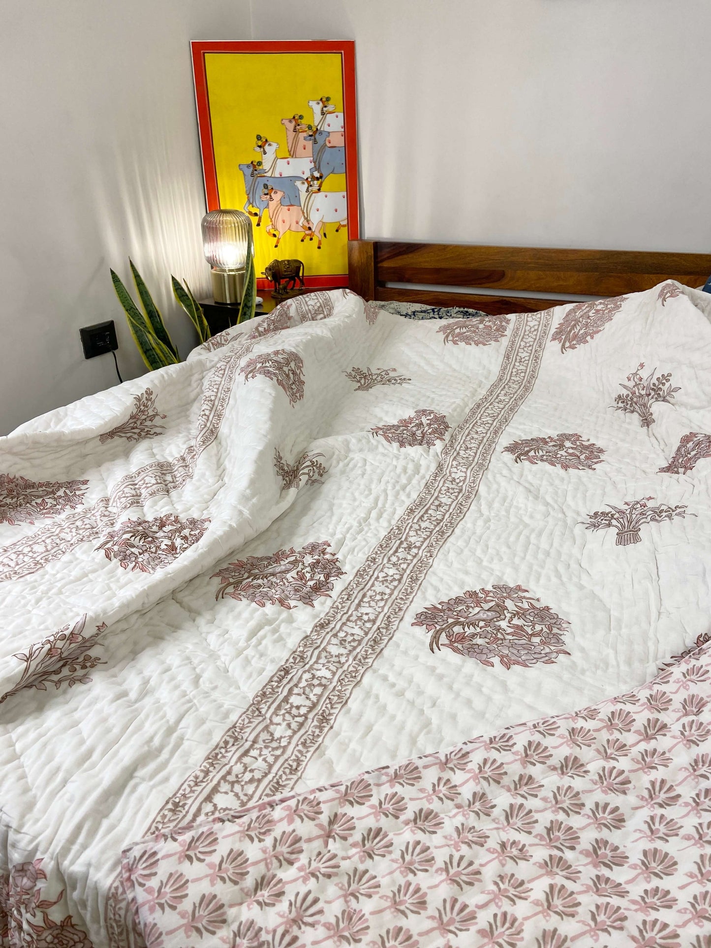 Pastel Birds Print Organic Mul Cotton Reversible Double Bed Quilt - Nakhrro