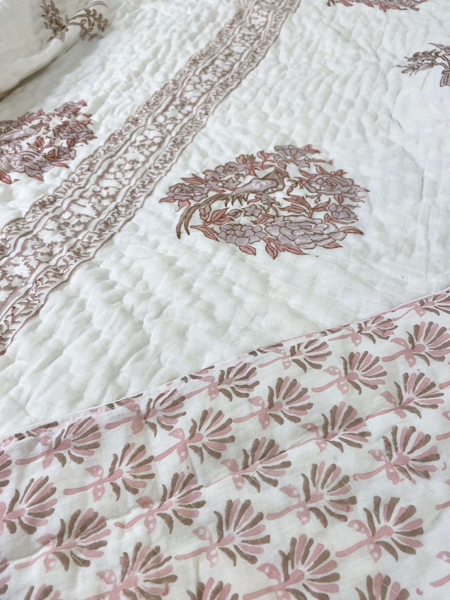Pastel Birds Print Organic Mul Cotton Reversible Double Bed Quilt - Nakhrro
