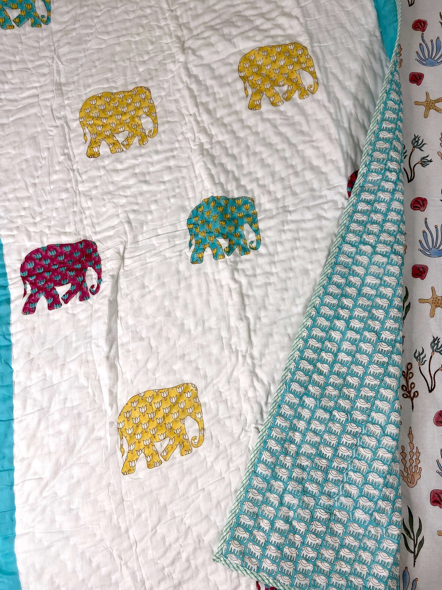 Colourful Elephants Hand Block Baby Quilt - Nakhrro