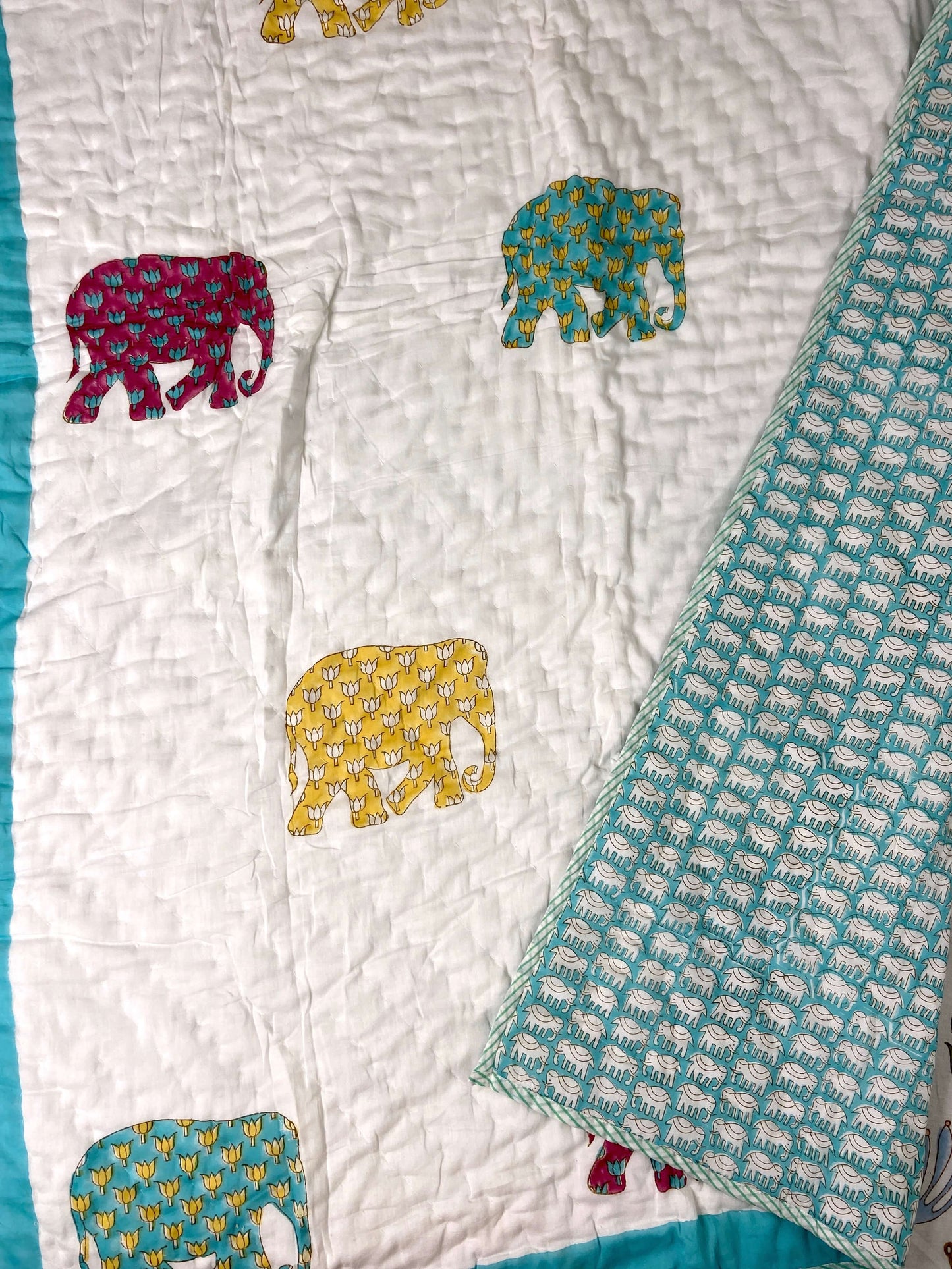 Colourful Elephants Hand Block Baby Quilt - Nakhrro
