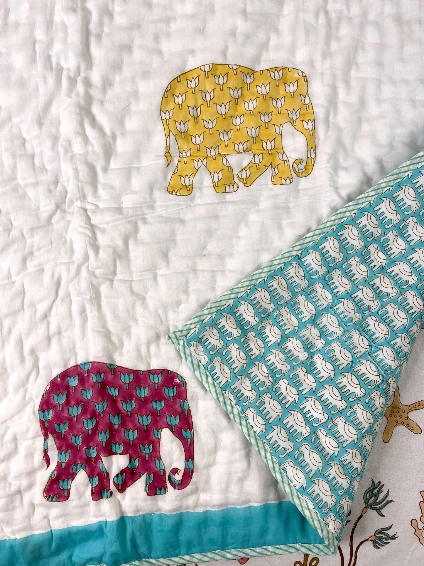 Colourful Elephants Hand Block Baby Quilt - Nakhrro