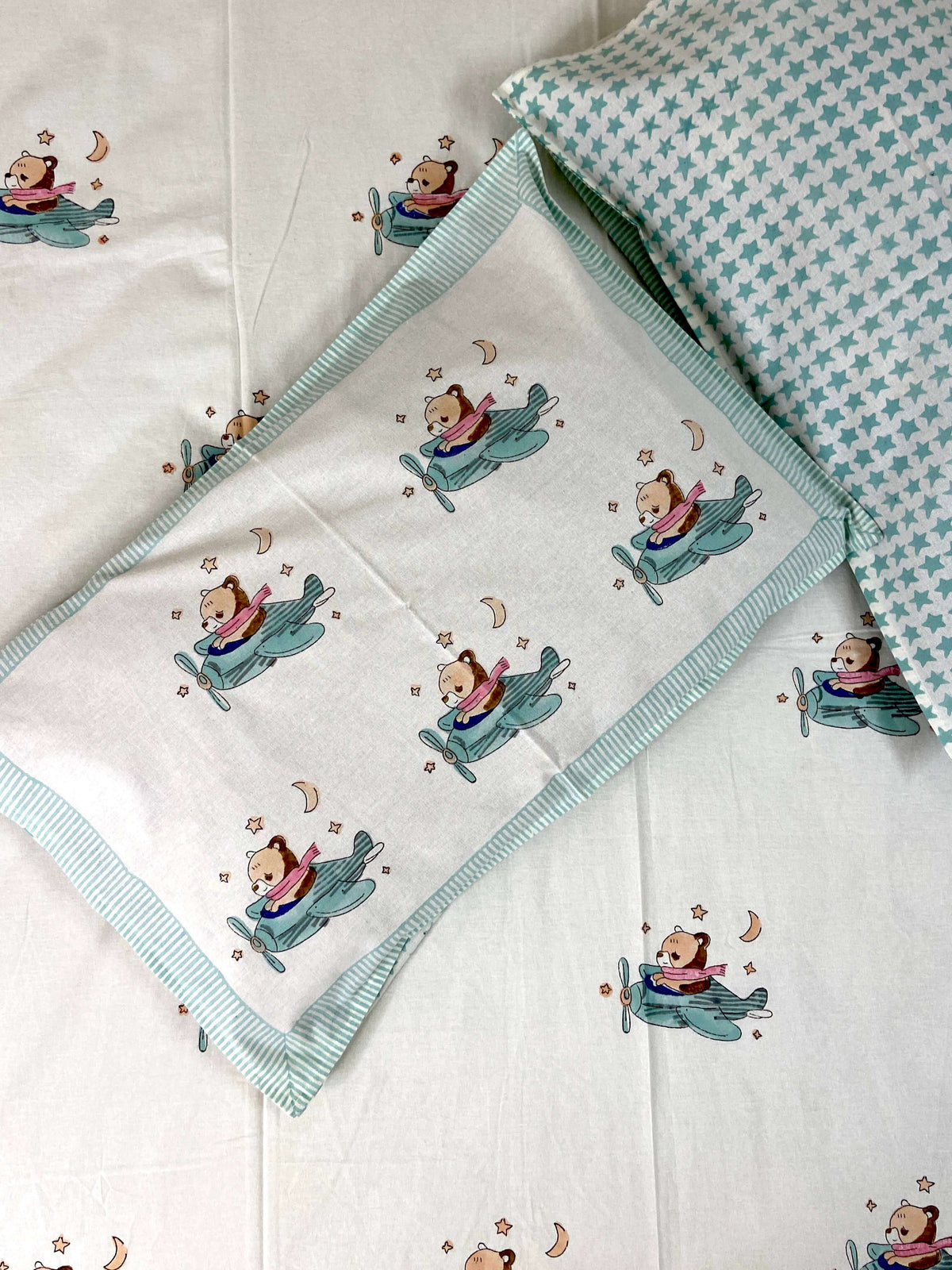 Helicopter Bear Kids Hand Block Cotton King Size Bedsheet - Nakhrro