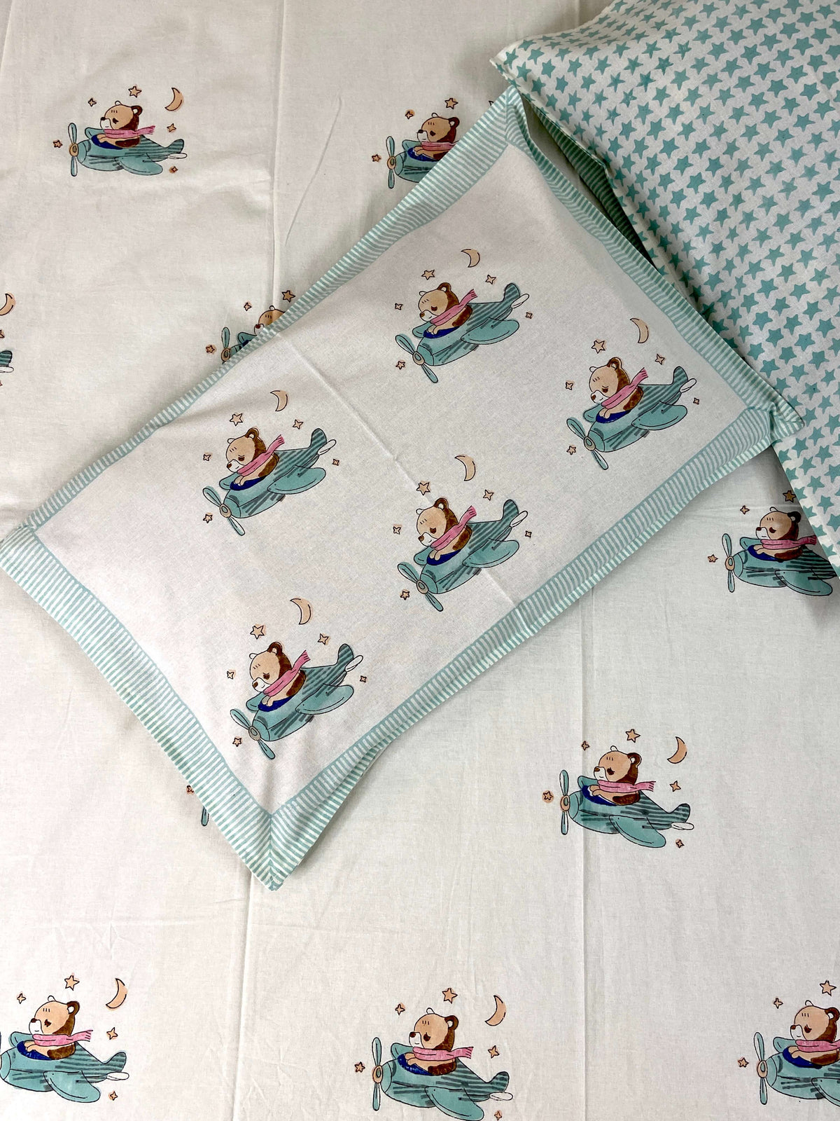 Helicopter Bear Kids Hand Block Cotton King Size Bedsheet - Nakhrro