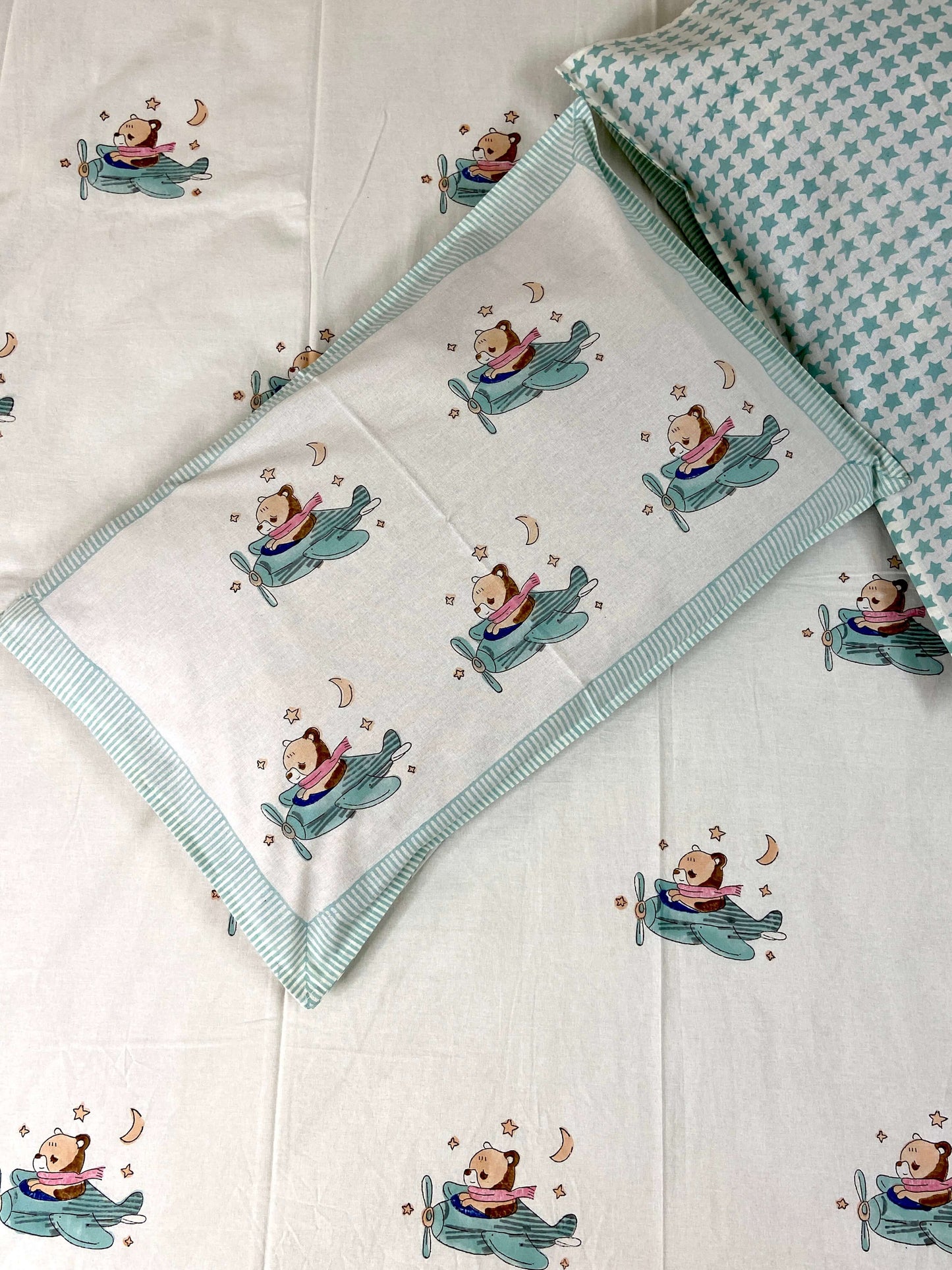 Helicopter Bear Kids Hand Block Cotton King Size Bedsheet - Nakhrro