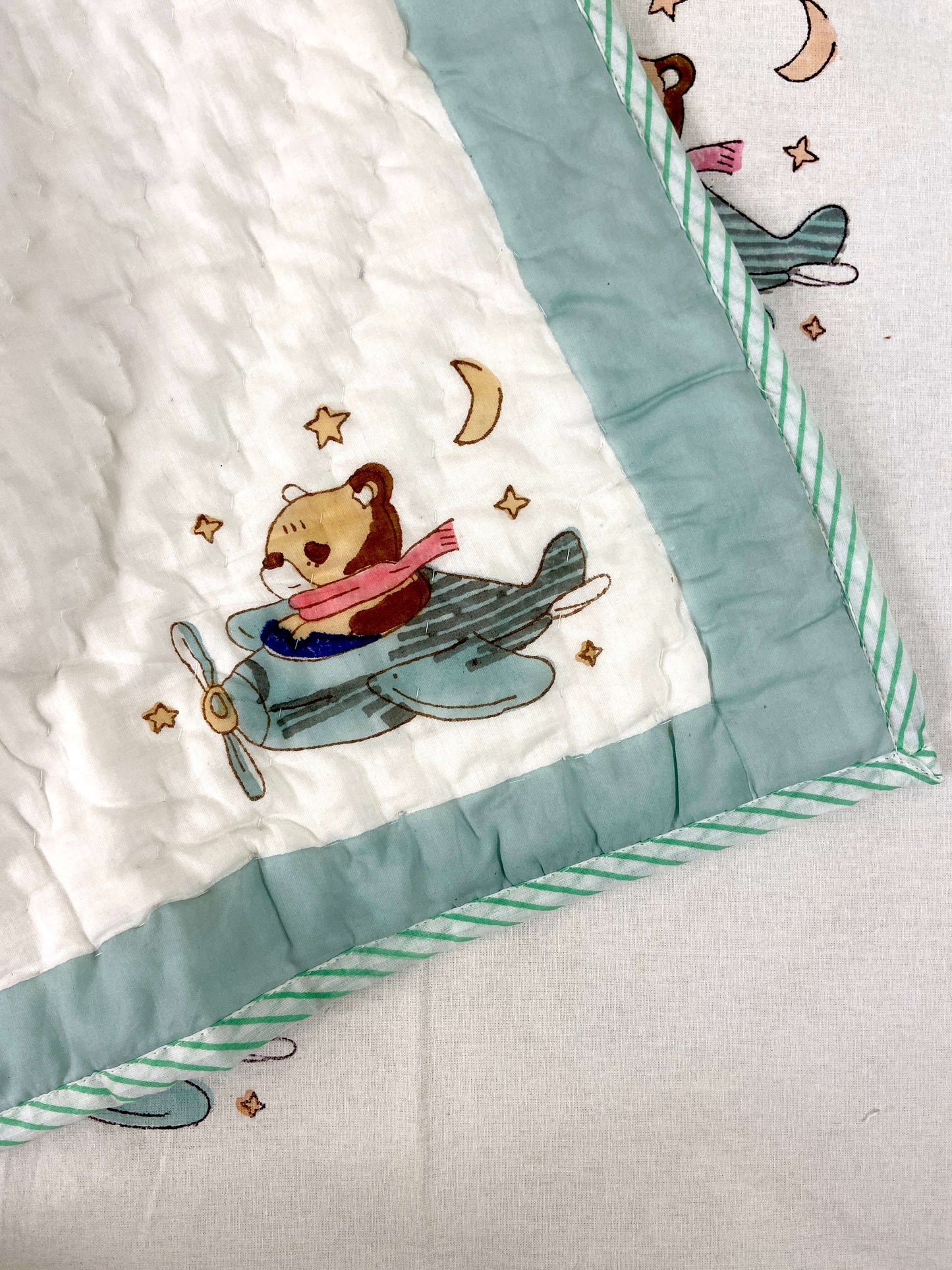Flying Bear On Helicopter Hand Block Baby Quilt - Nakhrro