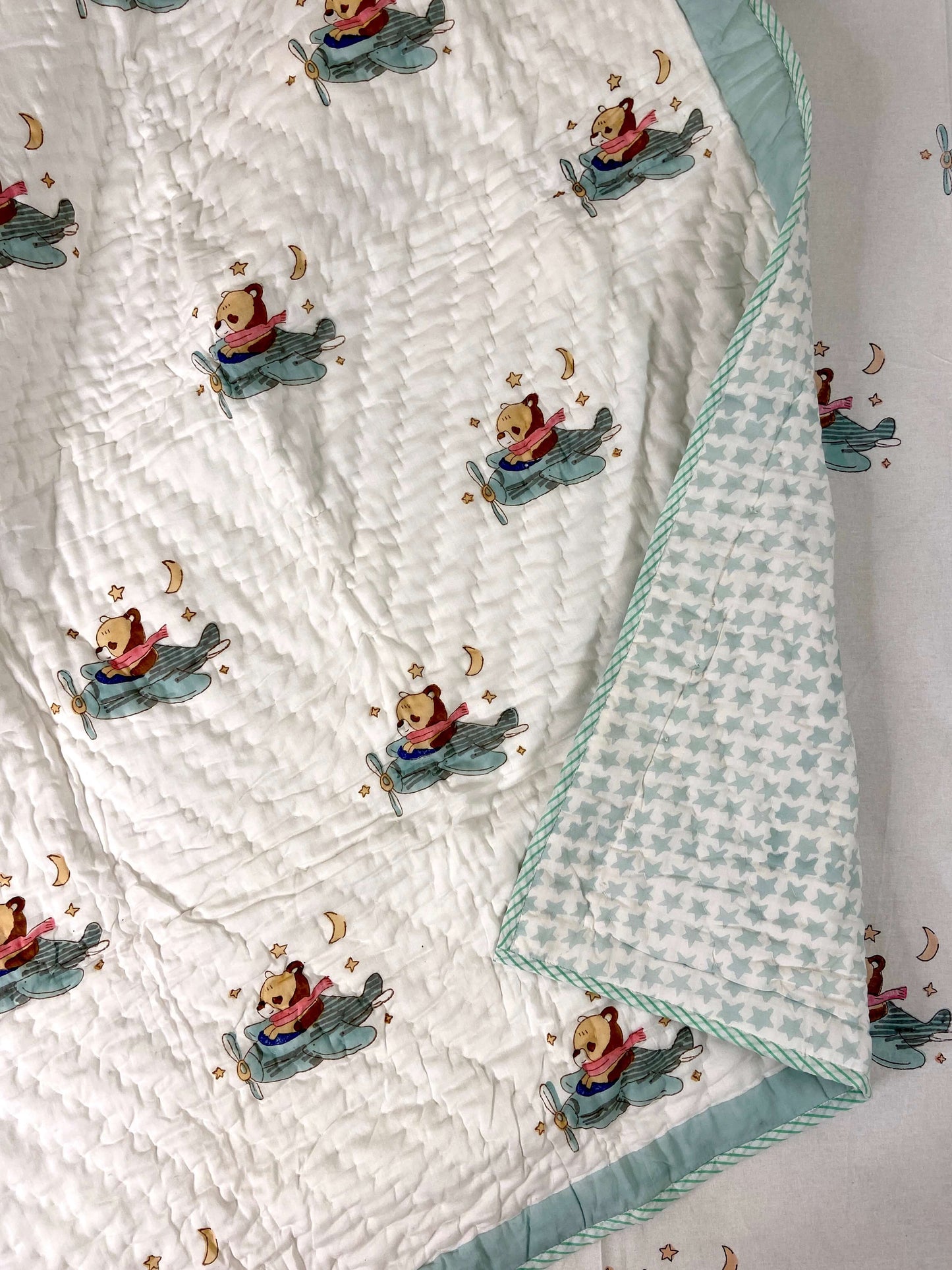 Flying Bear On Helicopter Hand Block Baby Quilt - Nakhrro
