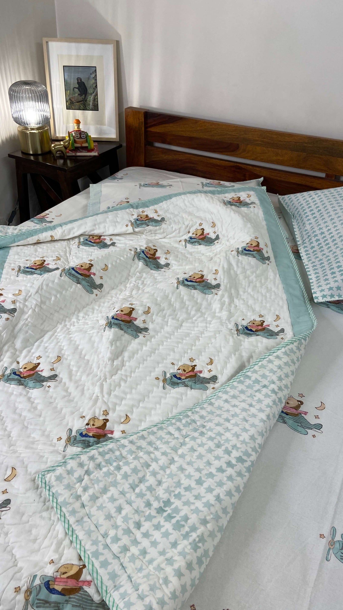 Flying Bear On Helicopter Hand Block Baby Quilt - Nakhrro