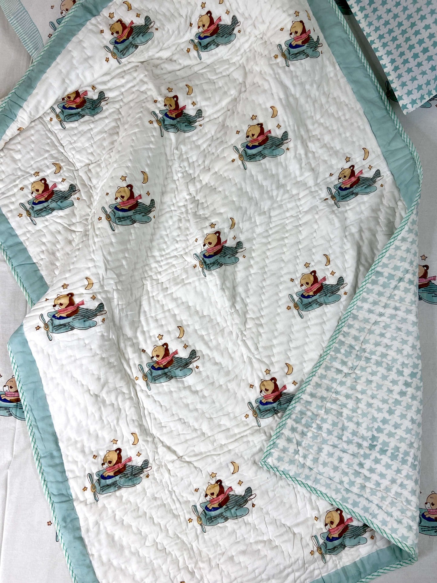 Flying Bear On Helicopter Hand Block Baby Quilt - Nakhrro