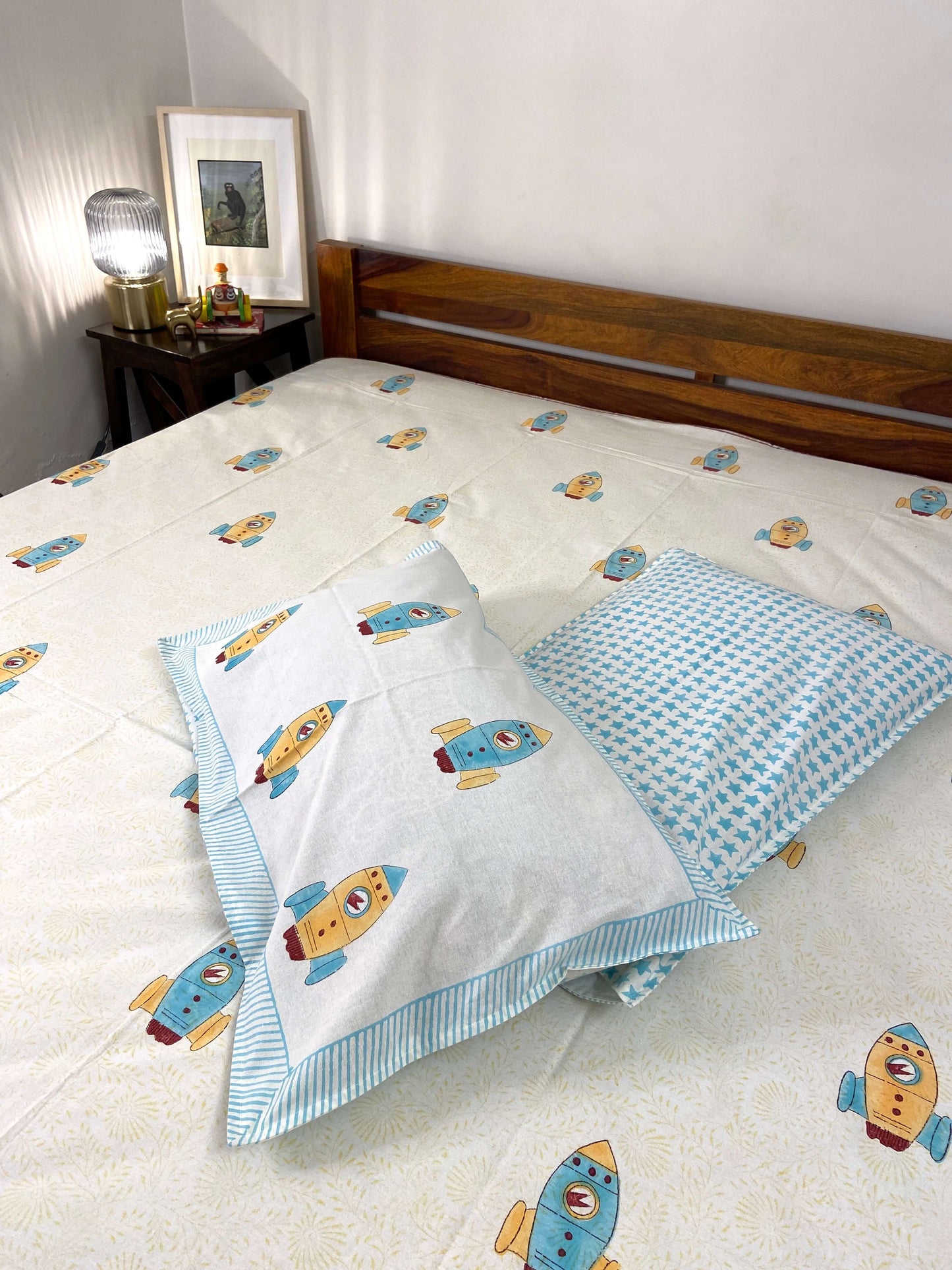 Flying Rocket Kids Hand Block Cotton King Size Bedsheet - Nakhrro
