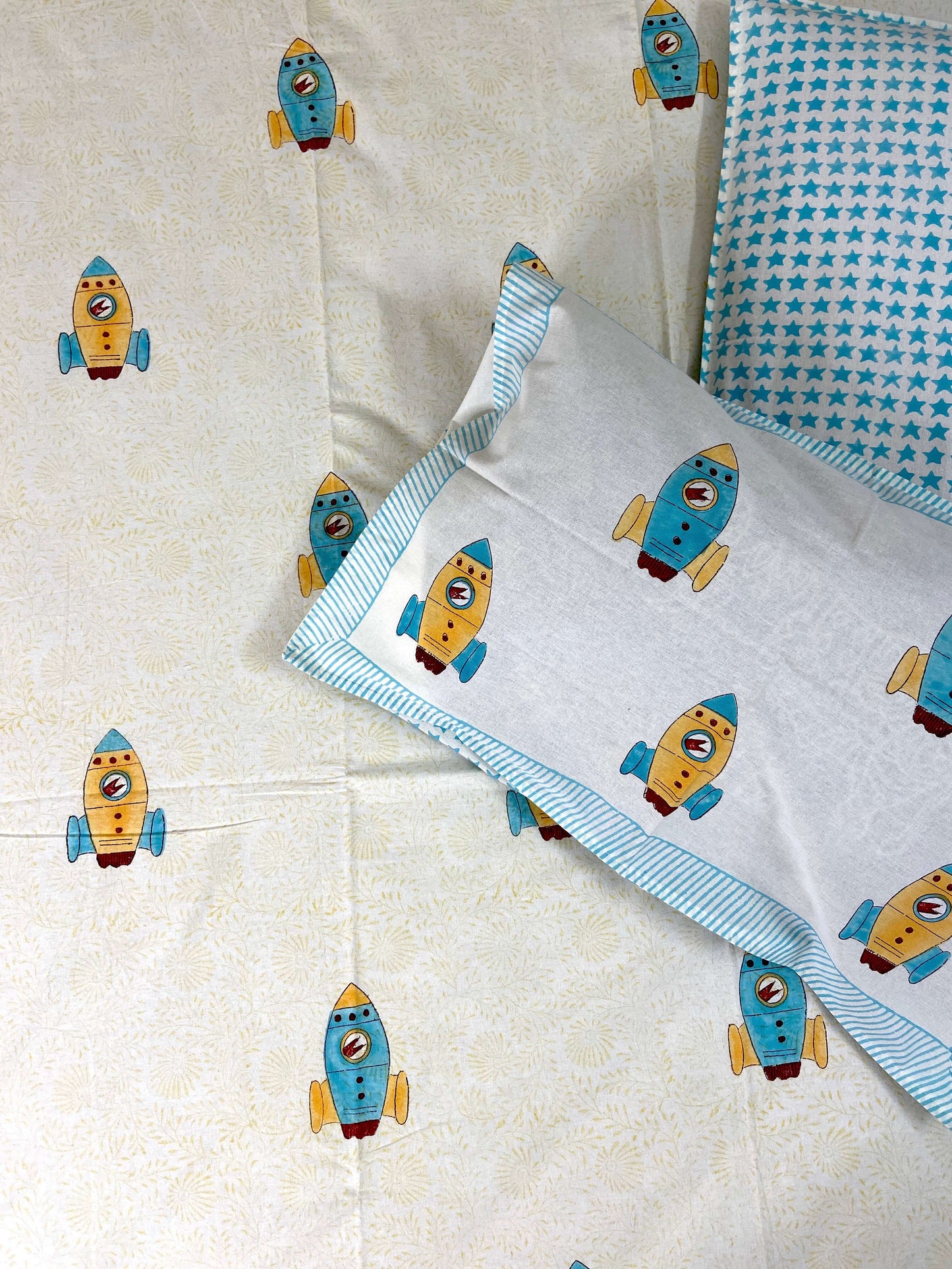 Flying Rocket Kids Hand Block Cotton King Size Bedsheet - Nakhrro
