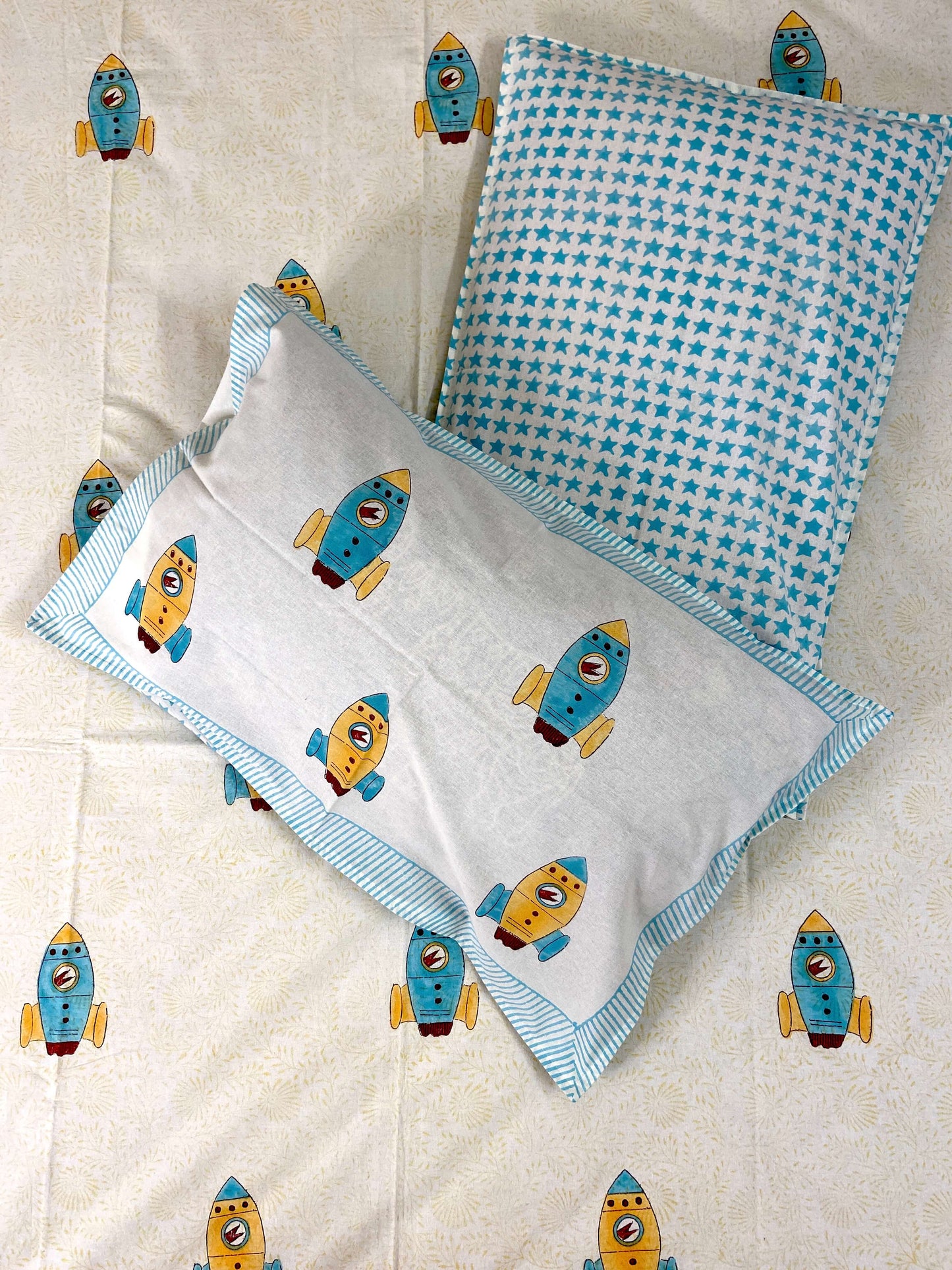 Flying Rocket Kids Hand Block Cotton King Size Bedsheet - Nakhrro