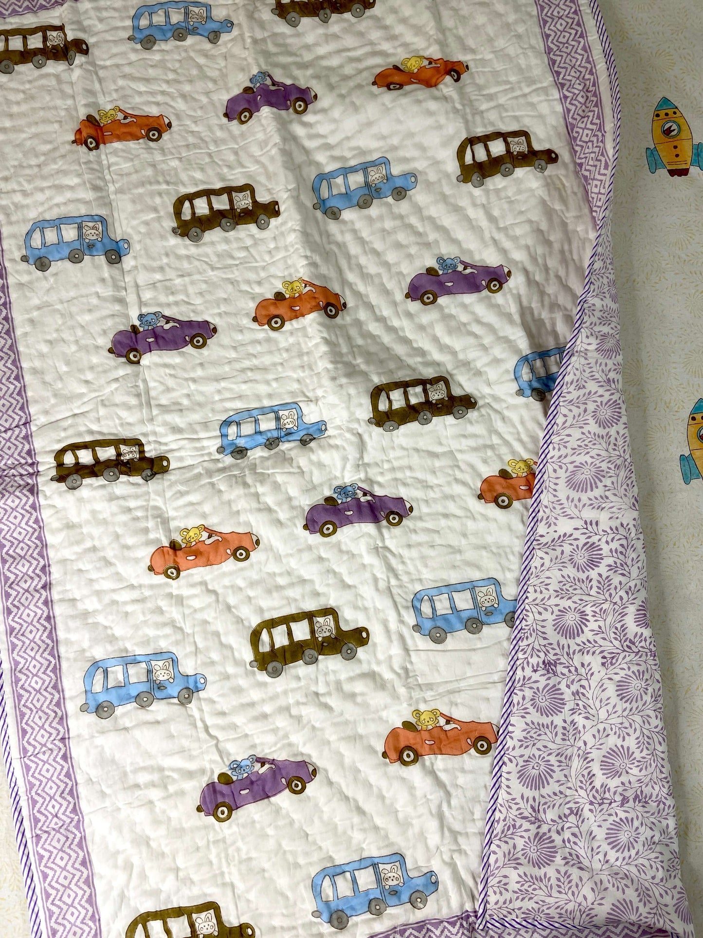 Colourful Cars Hand Block Baby Quilt - Nakhrro