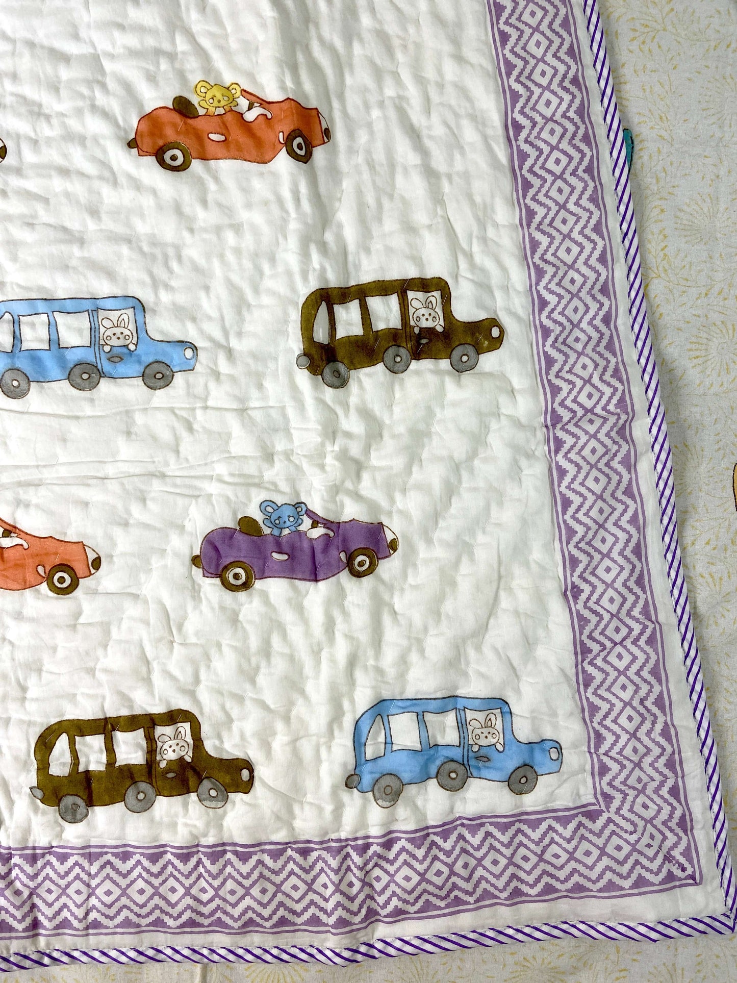 Colourful Cars Hand Block Baby Quilt - Nakhrro