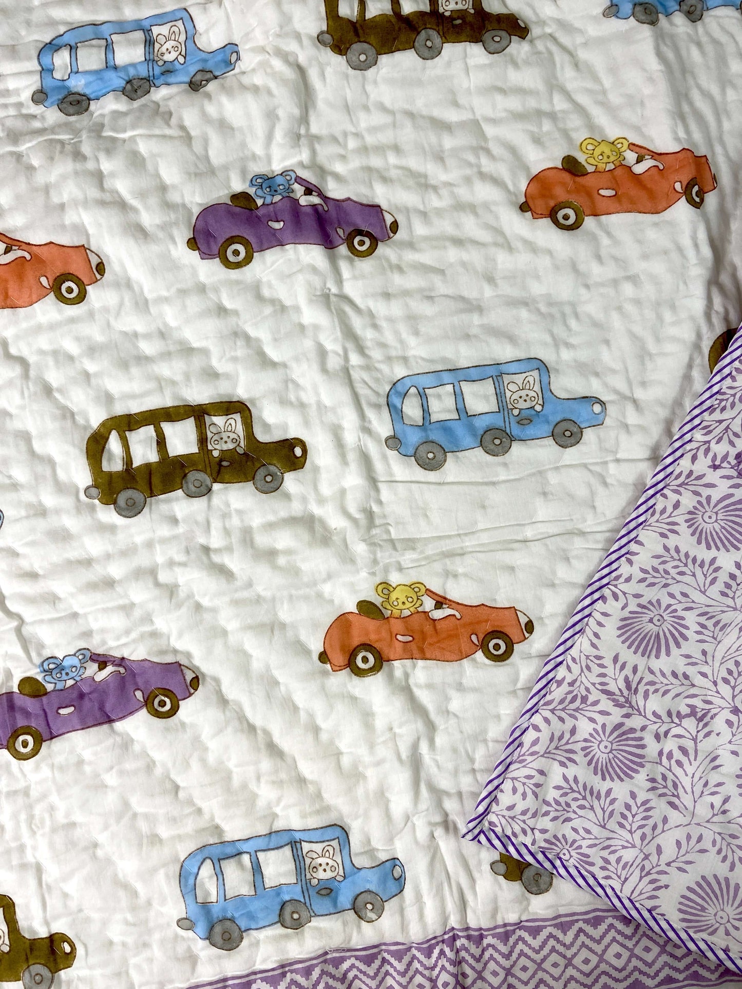 Colourful Cars Hand Block Baby Quilt - Nakhrro