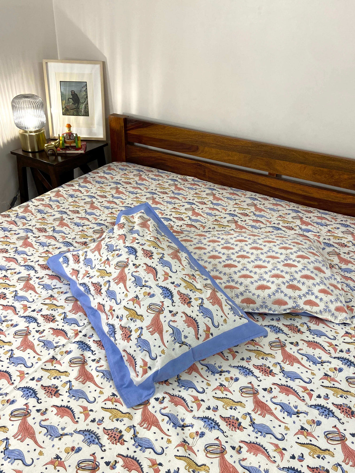 Dinosaur Colourful Kids Hand Block Cotton King Size Bedsheet - Nakhrro