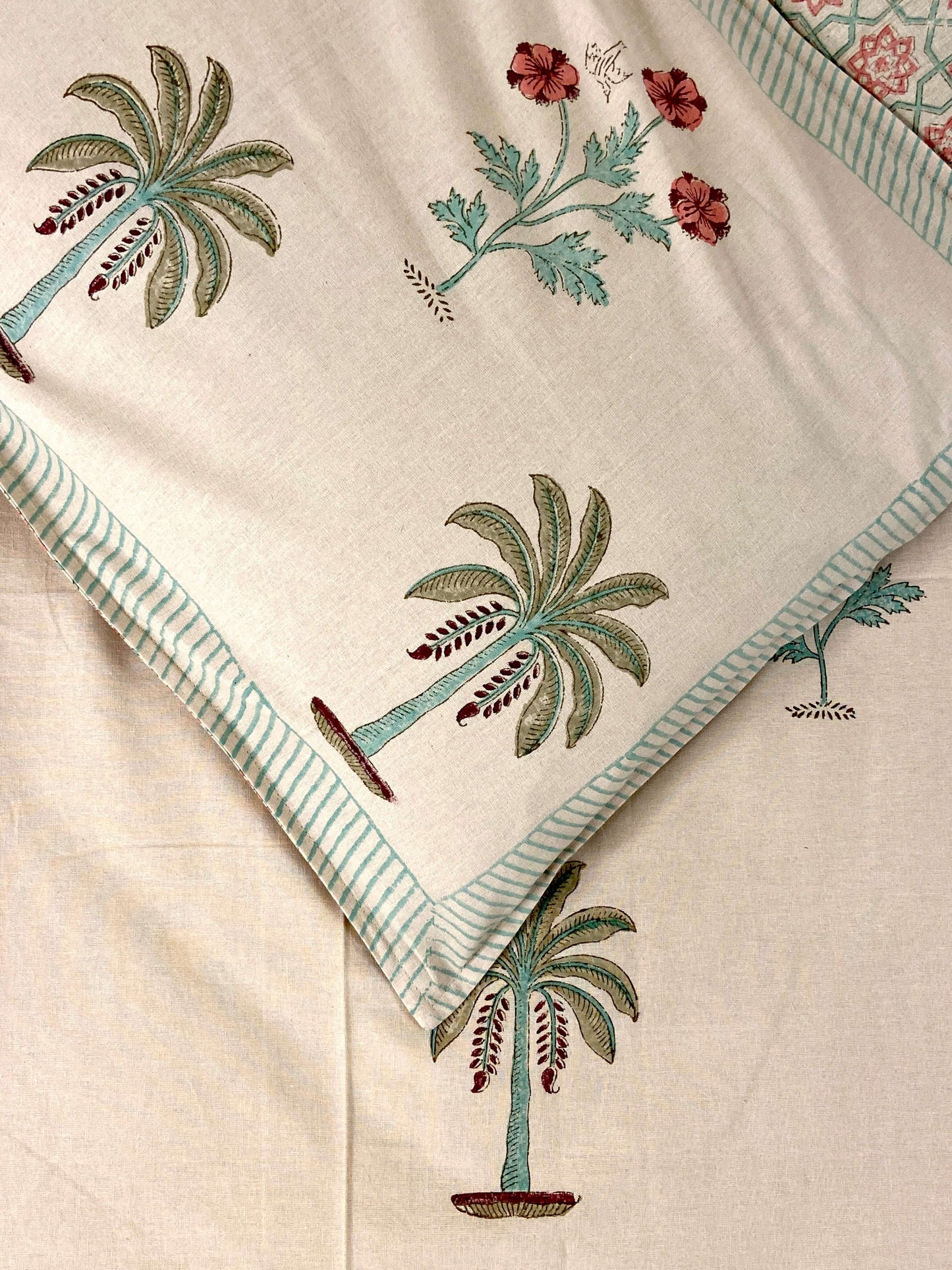 Beige Palm Floral Hand Block Cotton Queen Bedsheet - Nakhrro