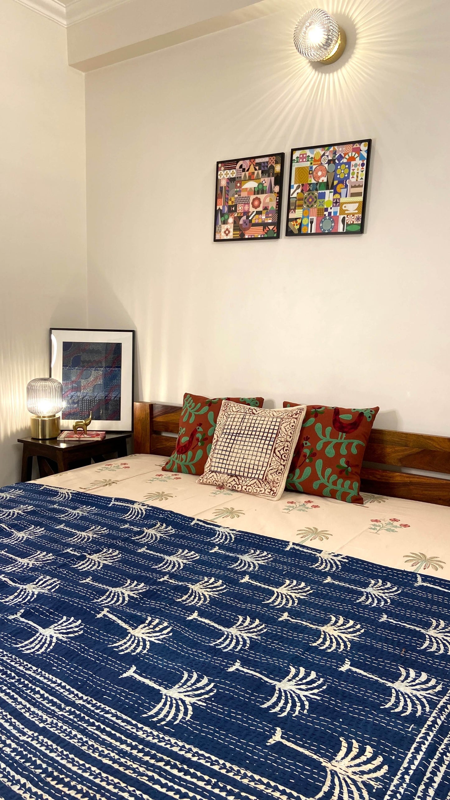 Indigo Palm Tree Hand Block Print Double Bed Queen Hand Embroidered Dohar - Nakhrro
