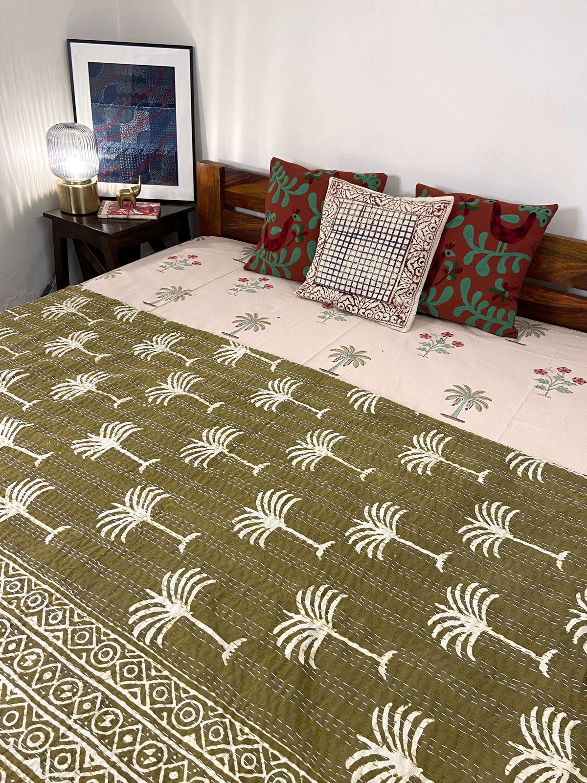 Camel Brown Palm Tree Hand Block Print Double Bed Queen Hand Embroidered Dohar - Nakhrro