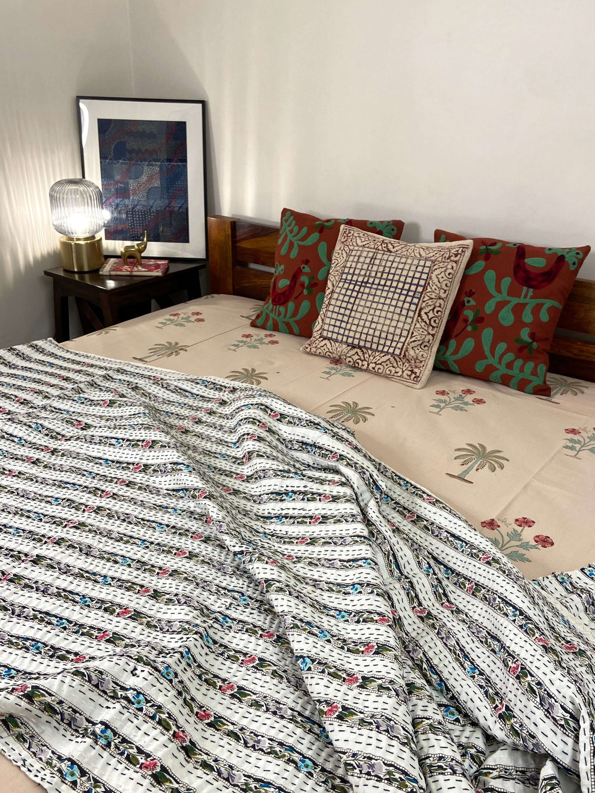 Black Floral Striped Double Bed Queen Hand Embroidered Dohar - Nakhrro