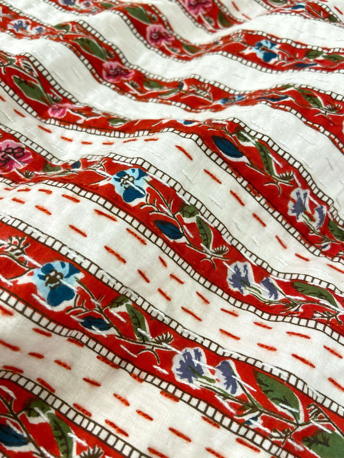 Red Floral Striped Embroidered Queen Size Kantha Bedspread - Nakhrro