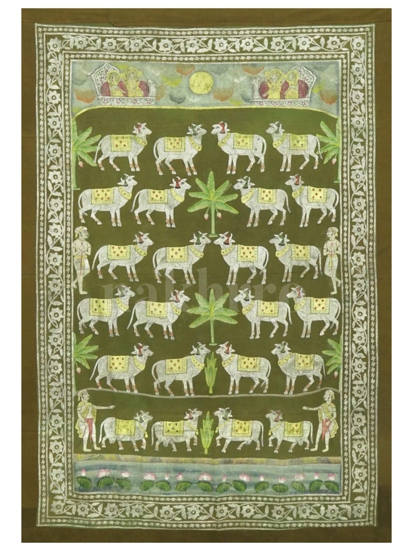 Green Deccan Style Tree Of Life With Cows Pichwai