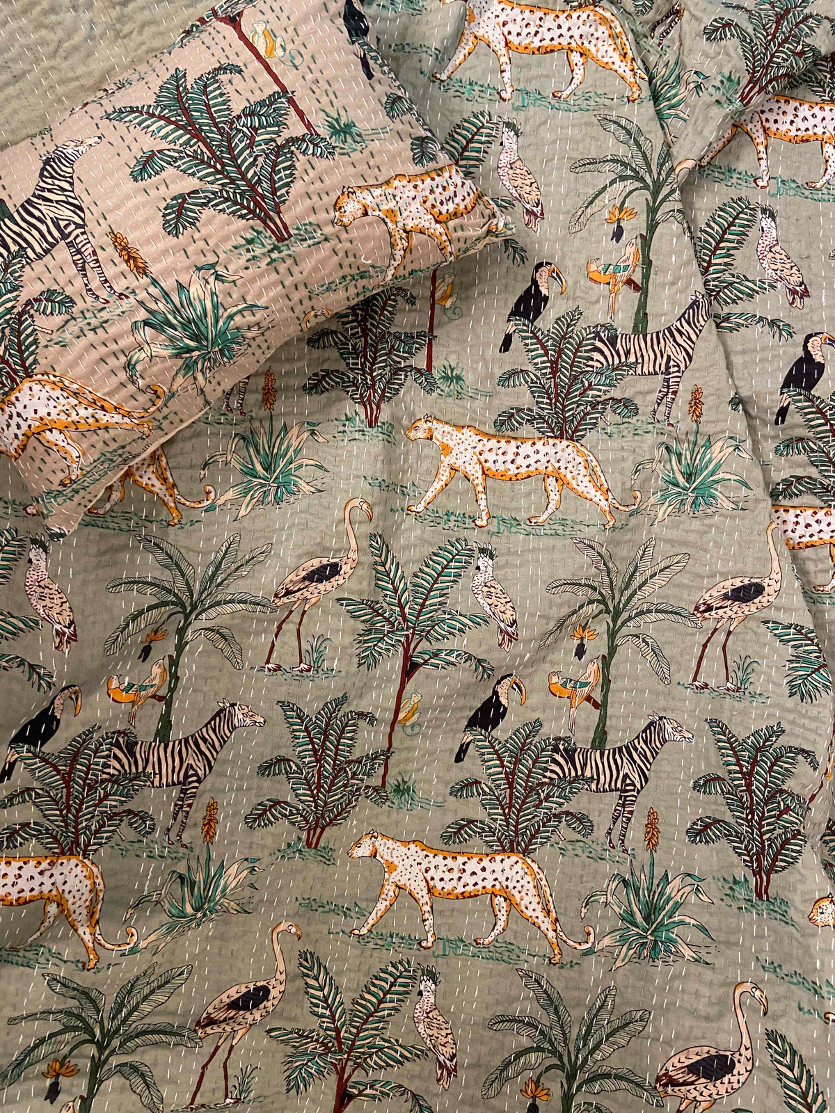 Sage Green Jungle Print Single Bed Hand Embroidered Dohar - Nakhrro