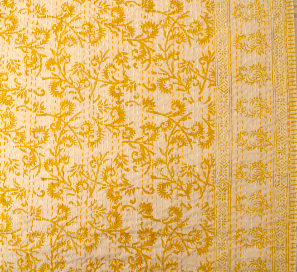 Yellow Floral Hand Block Double Bed Queen Hand Embroidered Bedspread/ Dohar - Nakhrro