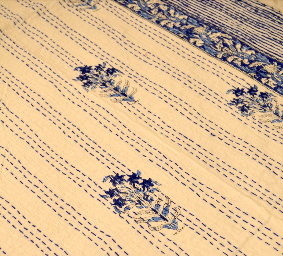 Blue Floral Motifs Single Bed Queen Hand Embroidered Dohar - Nakhrro
