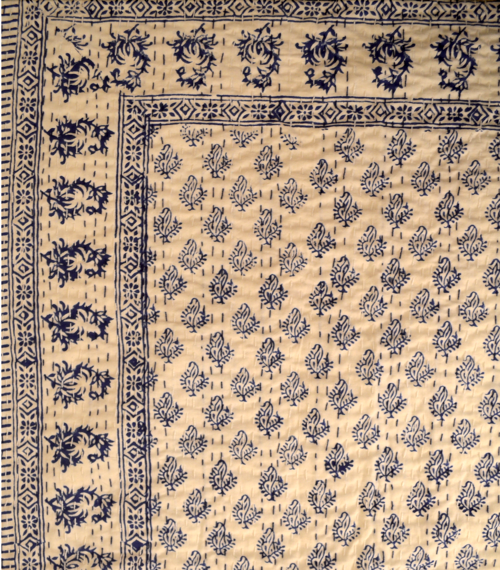Indigo Motifs Single Bed Queen Hand Embroidered Dohar - Nakhrro