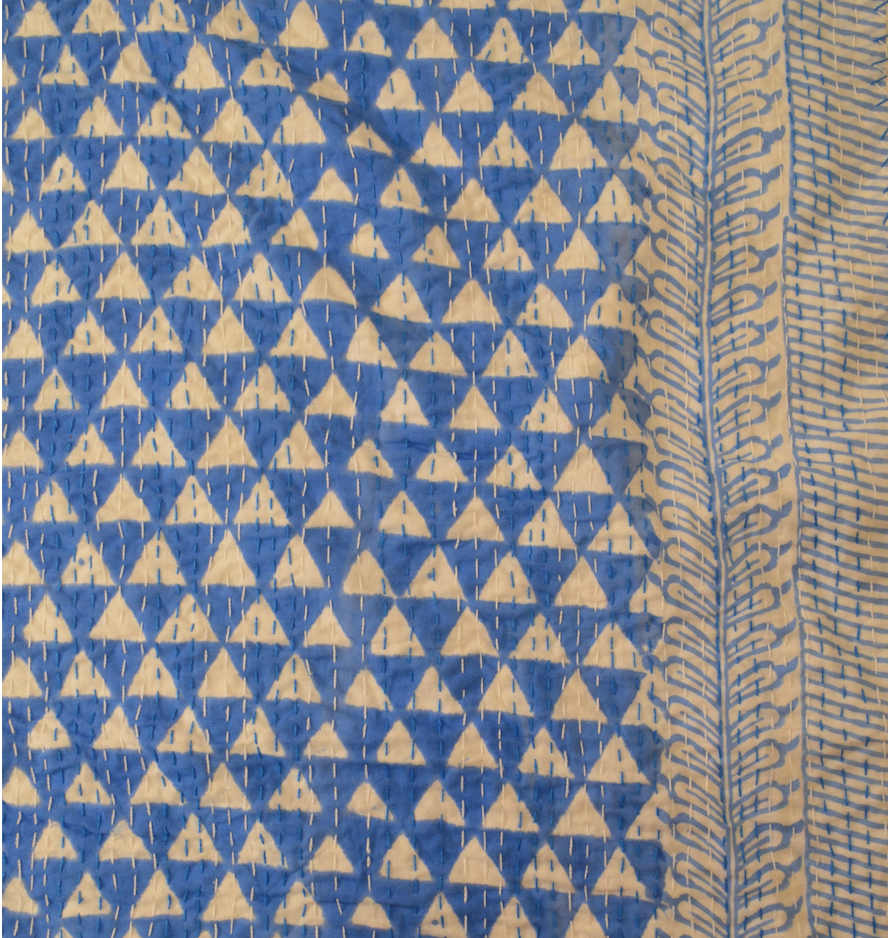Blue Triangle Geometric Double Bed Queen Hand Embroidered Bedspread/ Dohar - Nakhrro