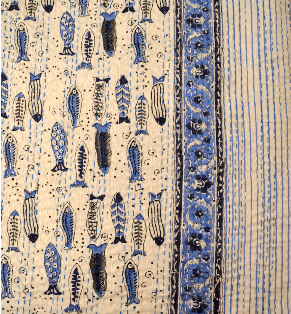 Blue Fishes Hand Block Print Double Bed Queen Hand Embroidered Bedspread/ Dohar - Nakhrro