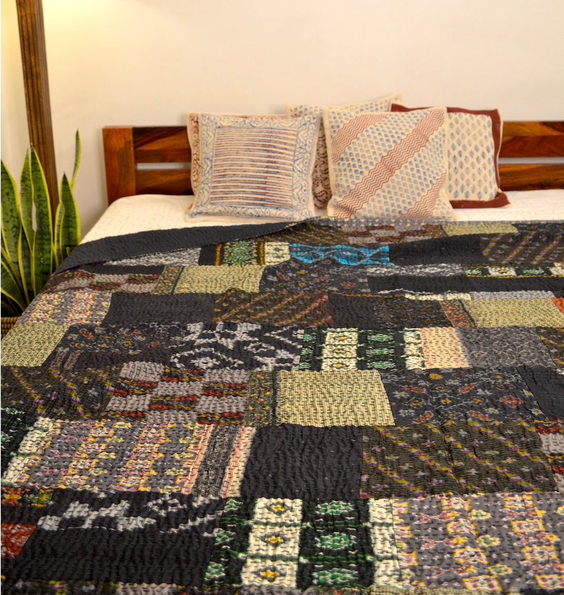 Black Patchwork Hand Embroidered Silk Bedspread - Nakhrro