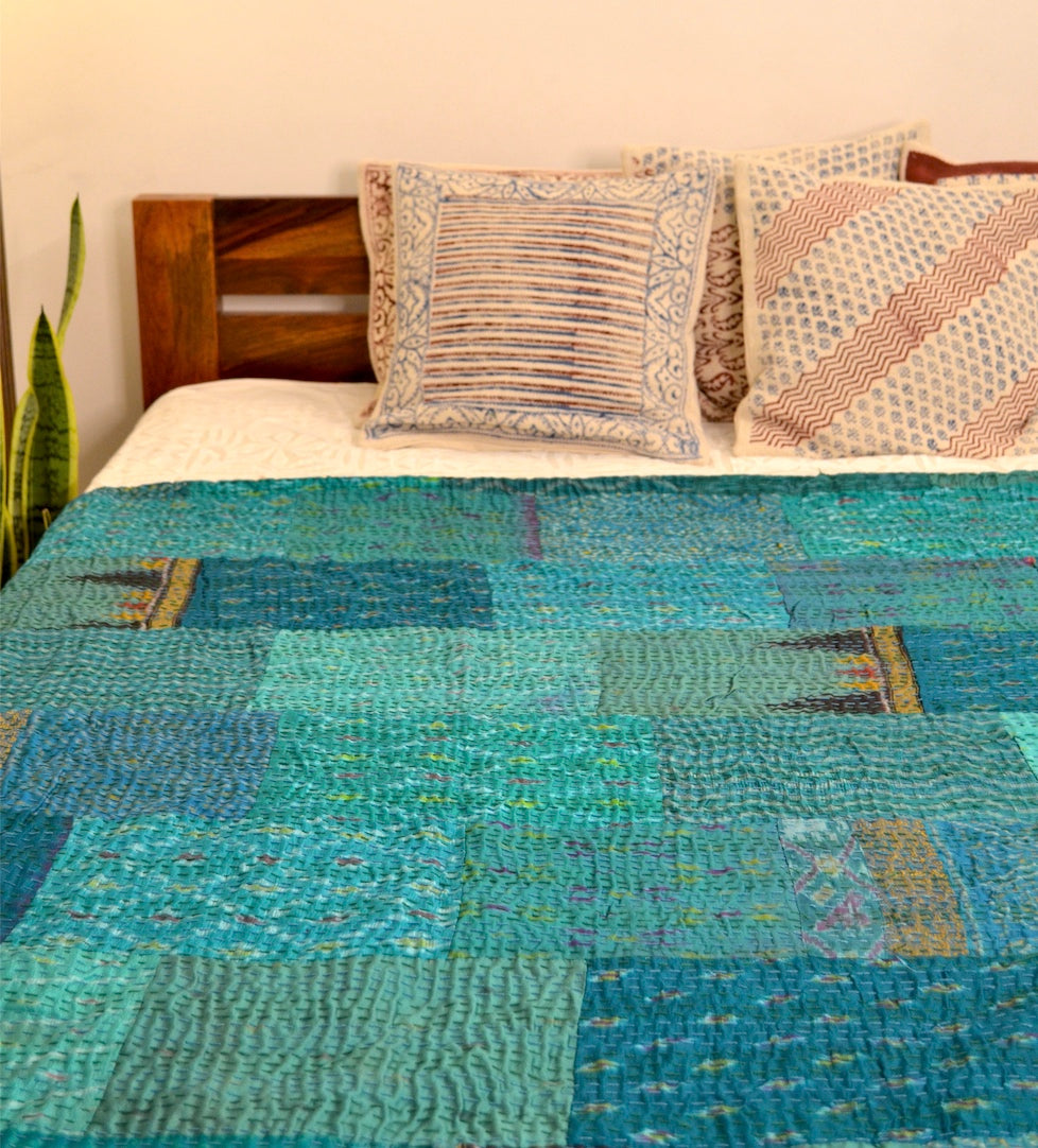 Shades Of Teal Patchwork Hand Embroidered Silk Bedspread - Nakhrro
