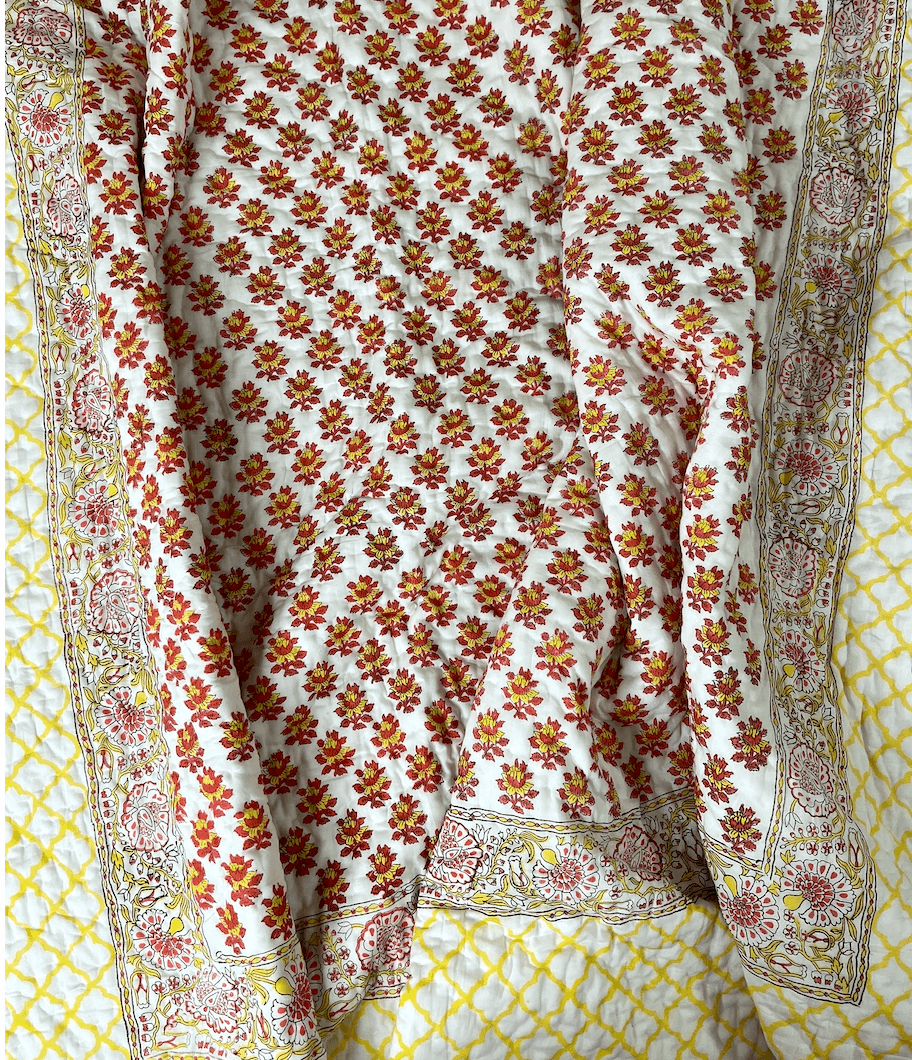 Red Yellow Floral Motifs Organic Mul Cotton Reversible Double Bed Quilt - Nakhrro