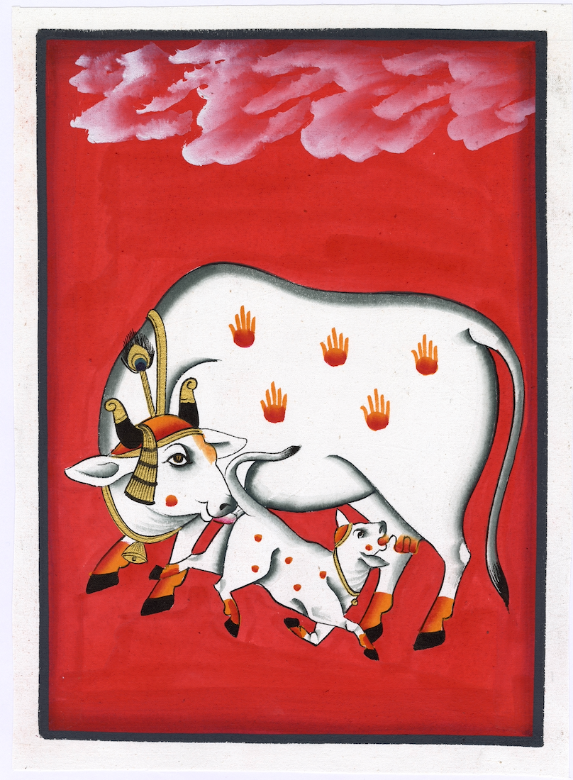 Red Kamdhenu With Calf Nandini Pichwai - Nakhrro