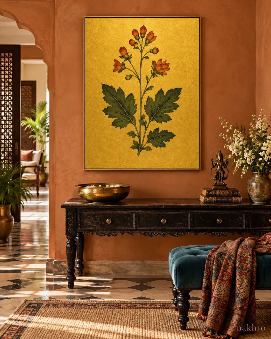Amber Blossoms on Gold | Mughal Botanical Art Print in a styled room