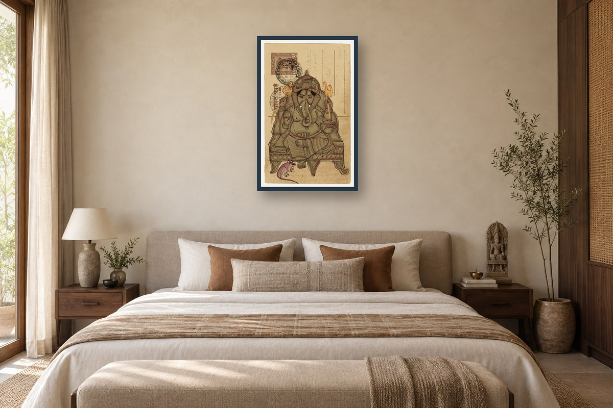 Beige MahaGanesha Postcard styled in a premium bedroom