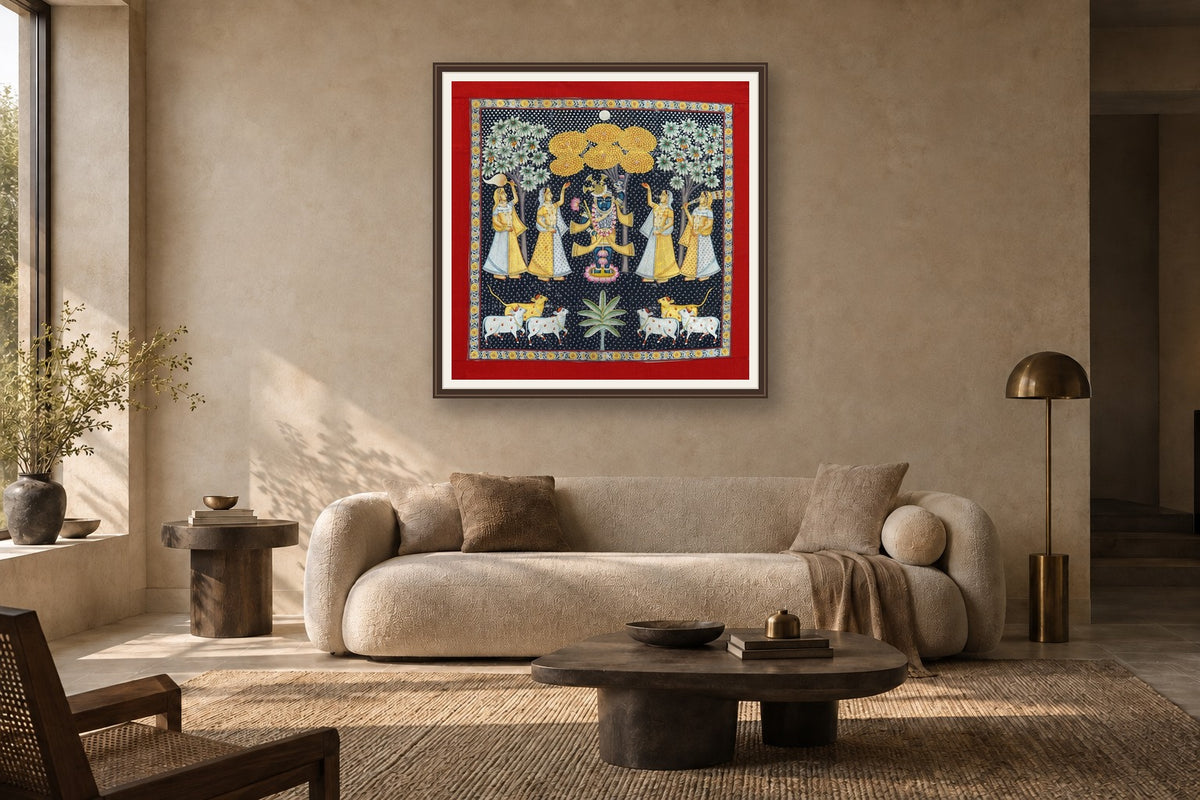 Black Shrinath Ji Sharad Poornima Contemporary Pichwai styled in a premium living room