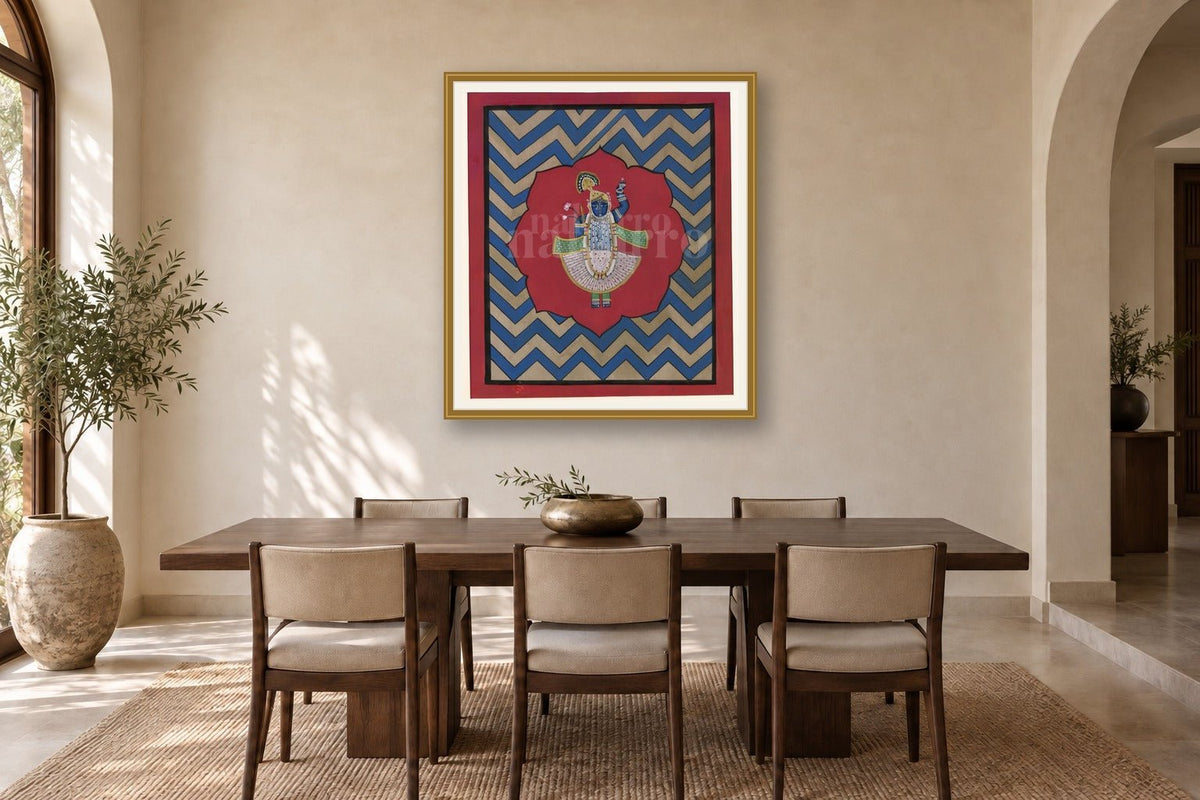 Blue Chevron Contemporary Geometric Pichwai styled in a premium dining room