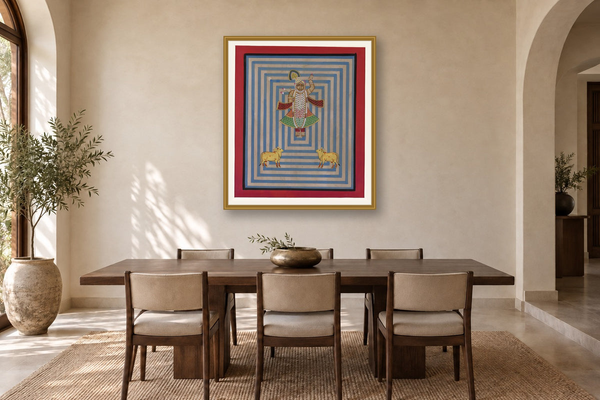 Blue Contemporary Geometric Shrinath Ji Pichwai styled in a premium dining room