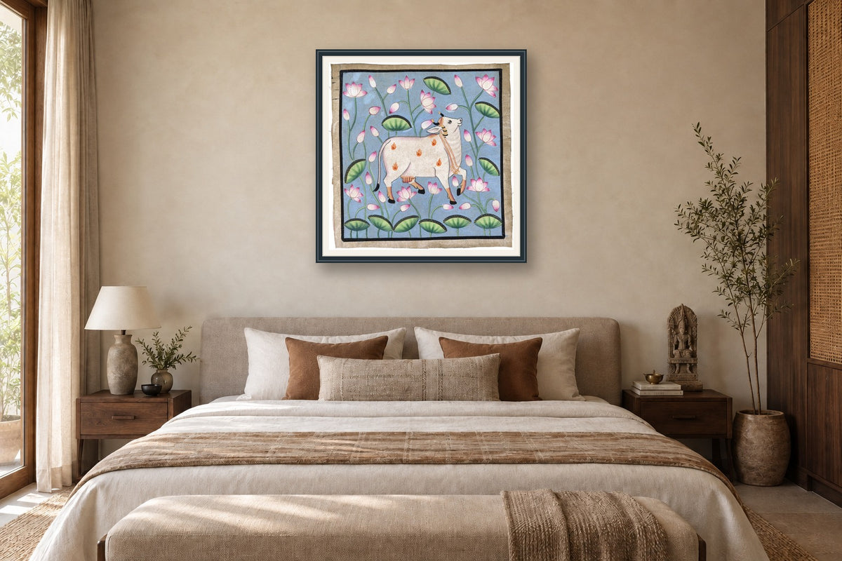 Blue Kamdhenu Around Lotuses styled in a premium bedroom