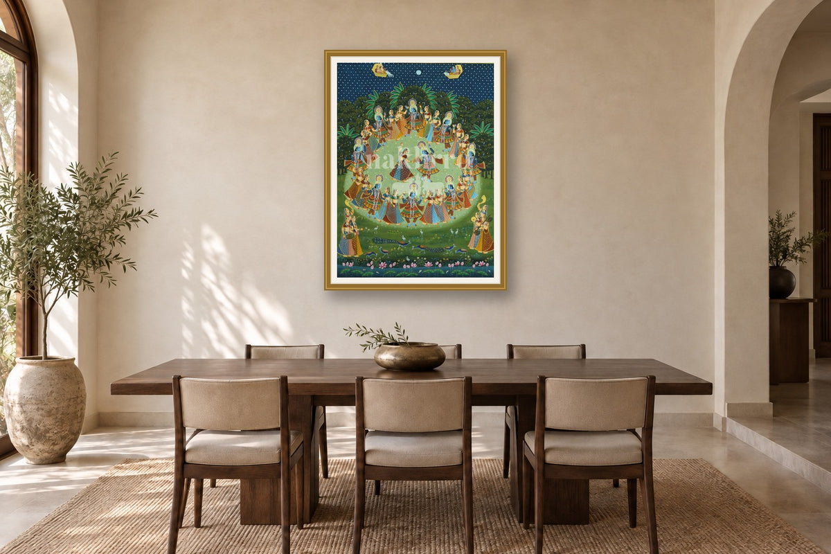 Blue Raas Leela Pichwai styled in a premium dining room