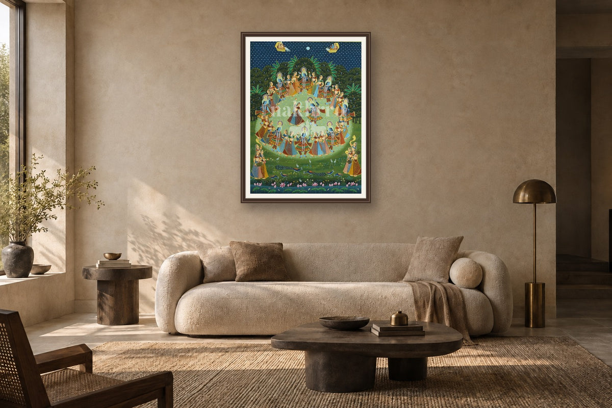 Blue Raas Leela Pichwai styled in a premium living room